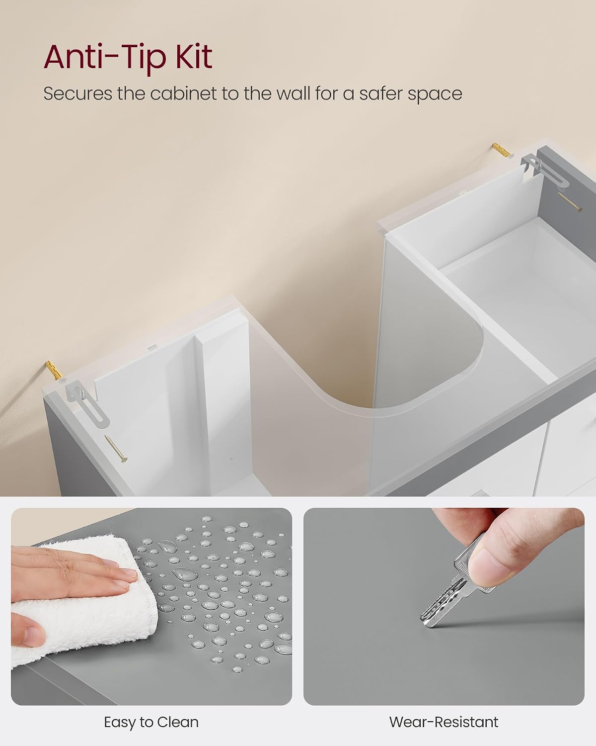 Thumbnail 5 de VASAGLE Under Sink Bathroom Cabinet BBK504W02 — 3 Drawers, 2 Compartments, Cloud White and Dove Grey