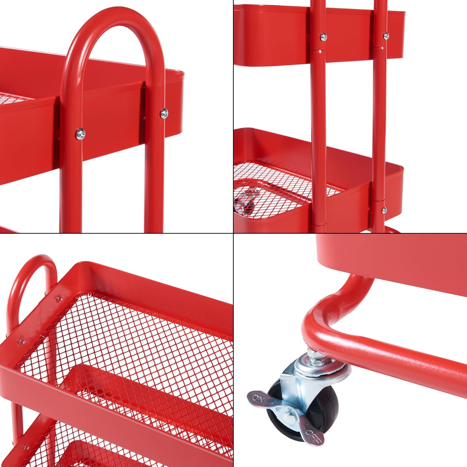 Thumbnail 5 de [en.casa] Carrello da stoccaggio in acciaio con 3 contenitori sovrapposti e ruote organizzatore multiuso, rosso