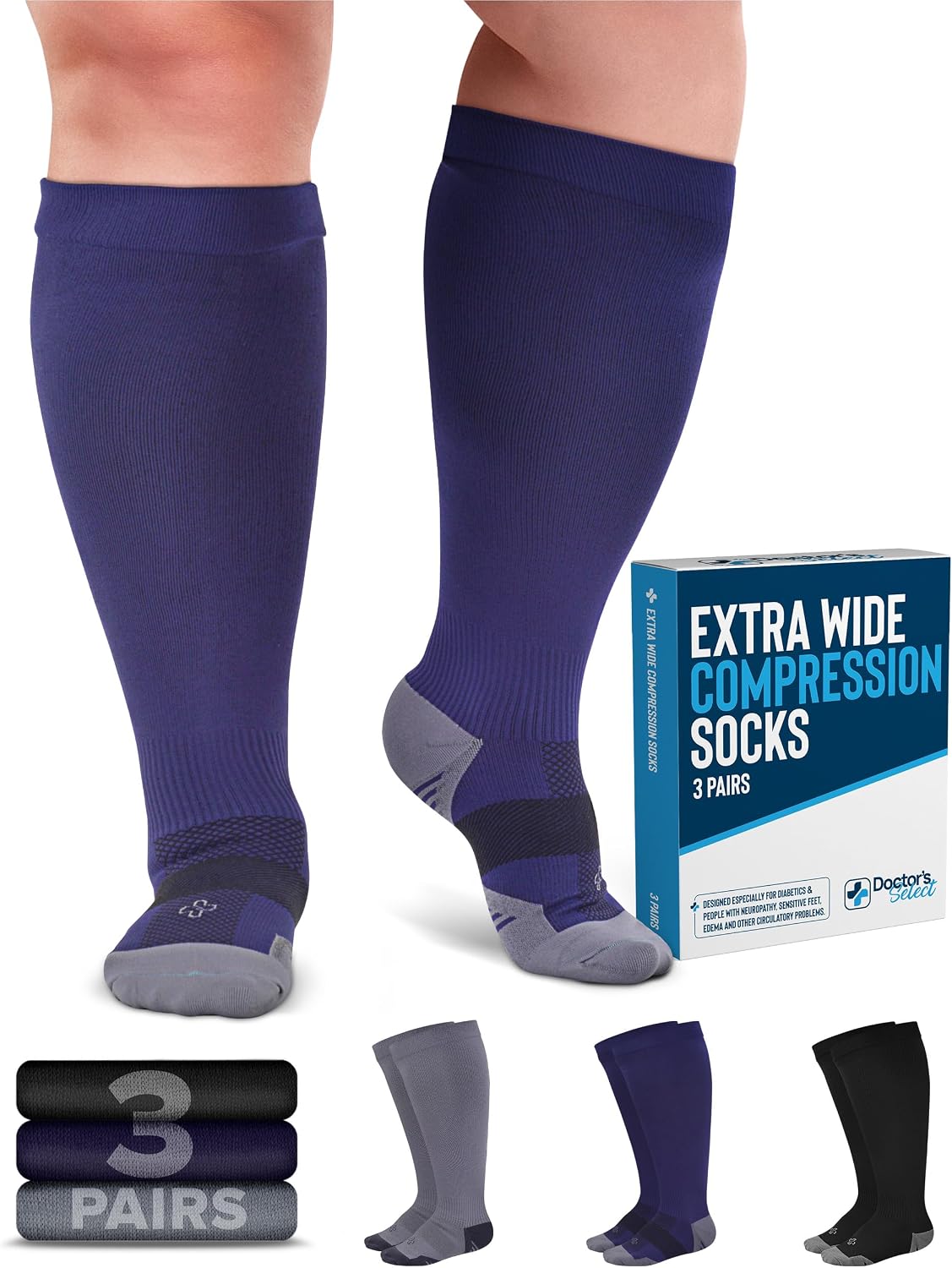 Detalle de Doctor's Select 3 Pairs Plus Size Wide Calf Compression Socks (Up to 6XL) – 20-30 mmHg