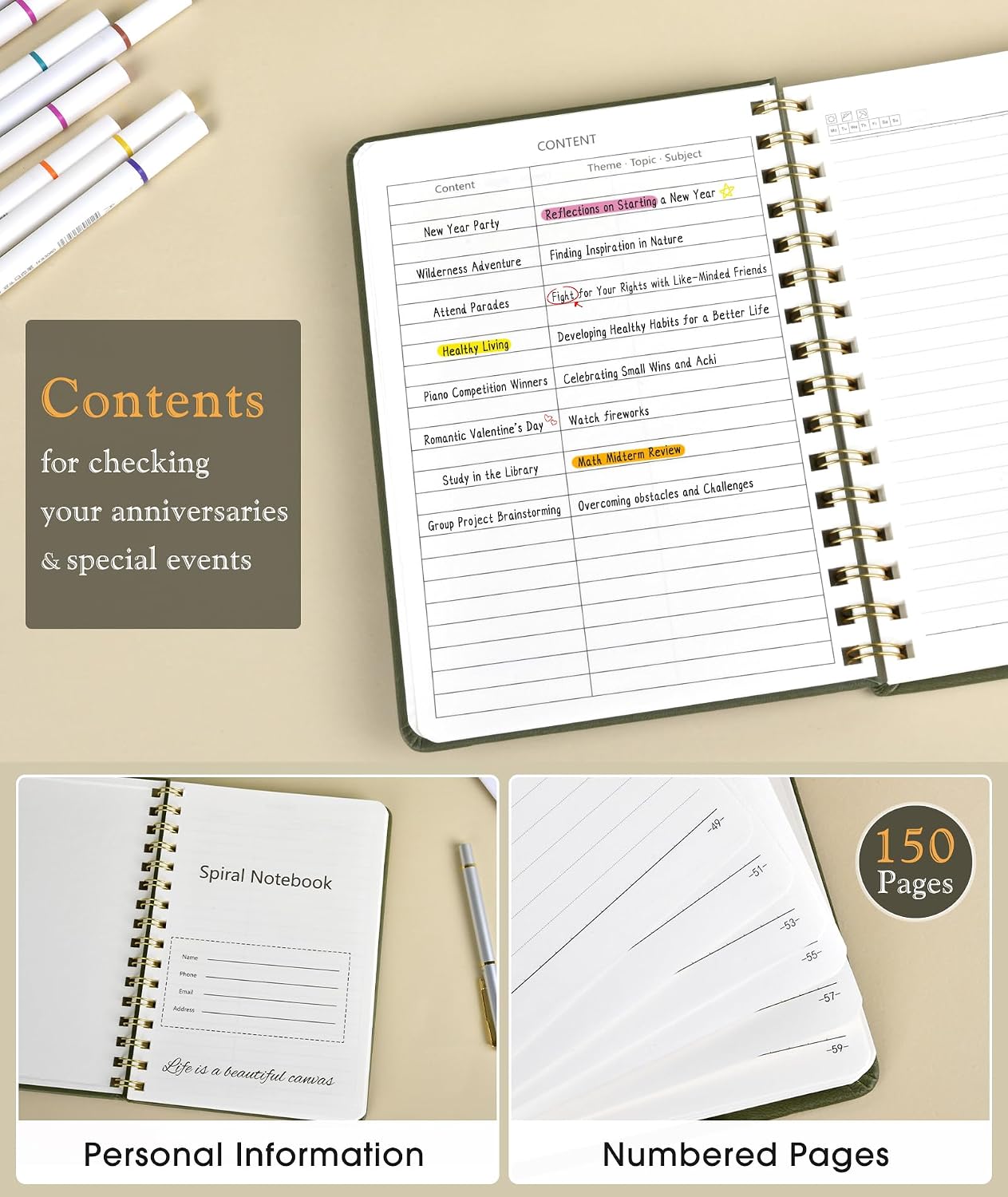 Detalle 2 de PAPEJOON A5 Spiral Journal Notebook, Olive Green, 150 Numbered Pages