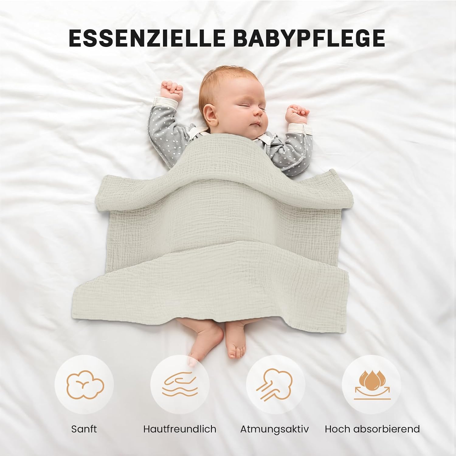 Thumbnail 3 de Mulltücher Baby – 6er Set Musselin 60x60 cm, 100% Baumwolle, Grau & Grün