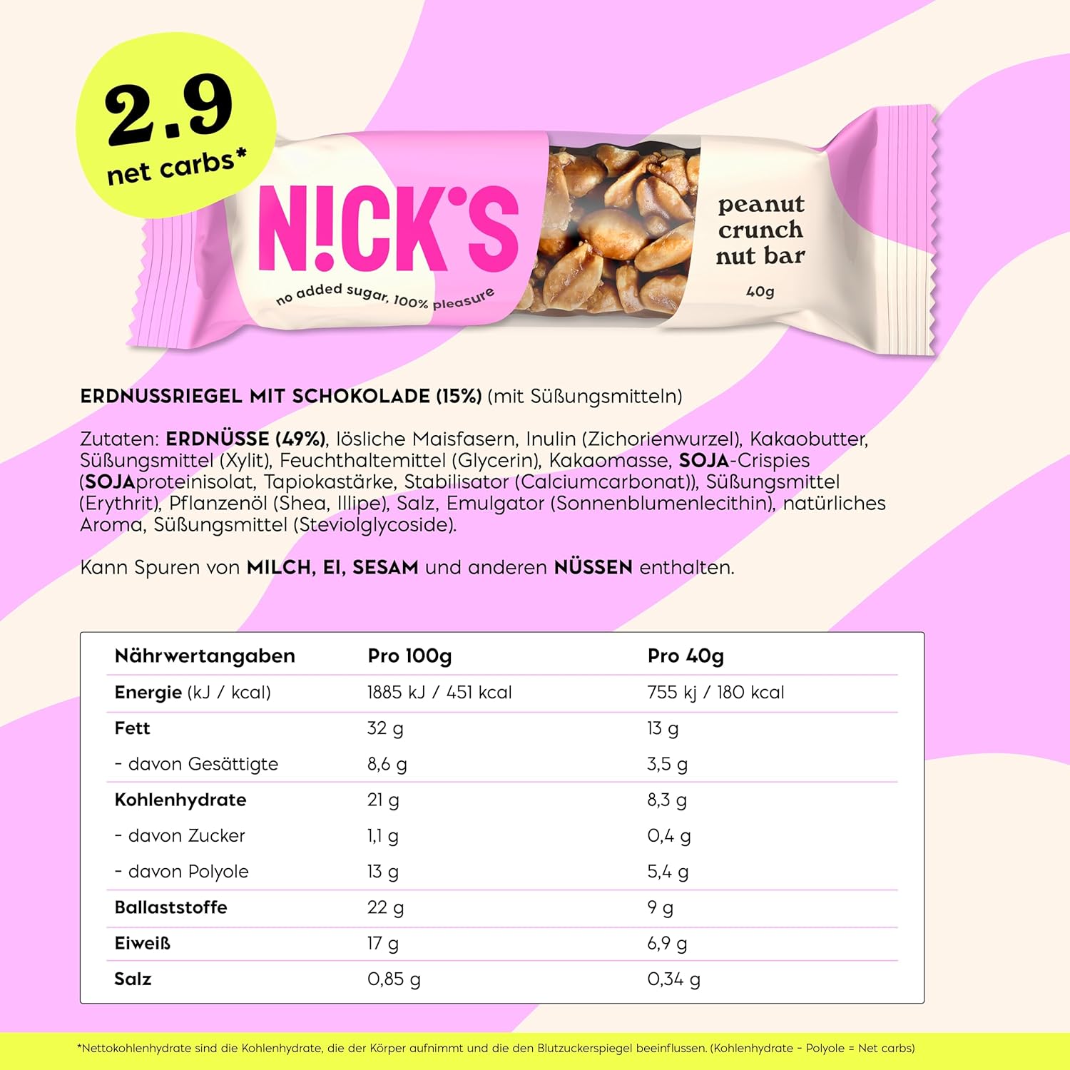 Thumbnail 1 de NICKS Keto Riegel Peanut Crunch – 180 kcal, 2,9 g Net Carbs 🍫