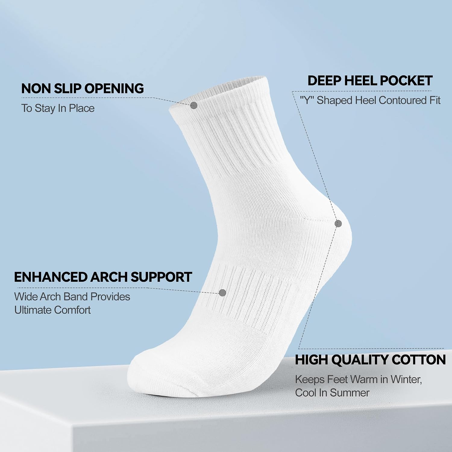 Detalle de BONANGEL Men's White Ankle Quarter Socks with Cushioned Cotton – 6 Pairs