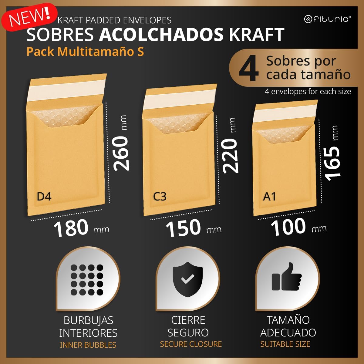 Detalle 2 de OFITURIA EasyPack S vadderade kuvert, 3 storlekar i kraftpapper, 12-pack