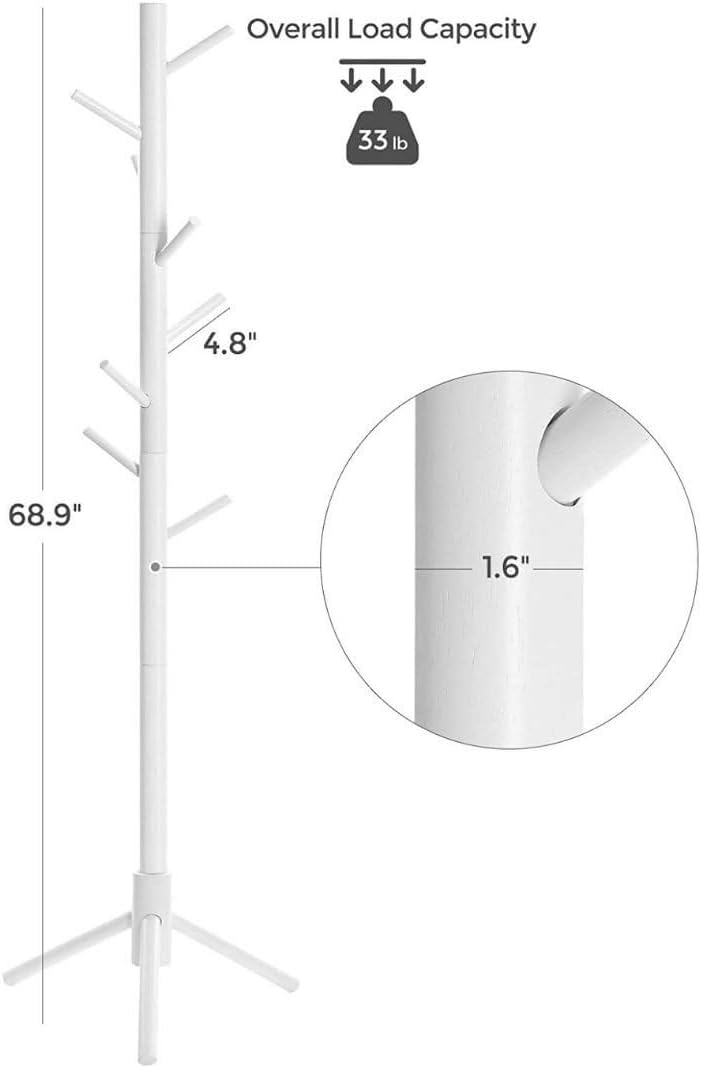 Detalle de VASAGLE RCR04WT Wooden Coat Rack, White, 8 Hooks and 3 Adjustable Heights