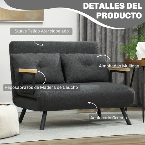 Detalle 2 de HOMCOM Sofá Cama Plegable 2 Plazas 🛋️ Gris Oscuro