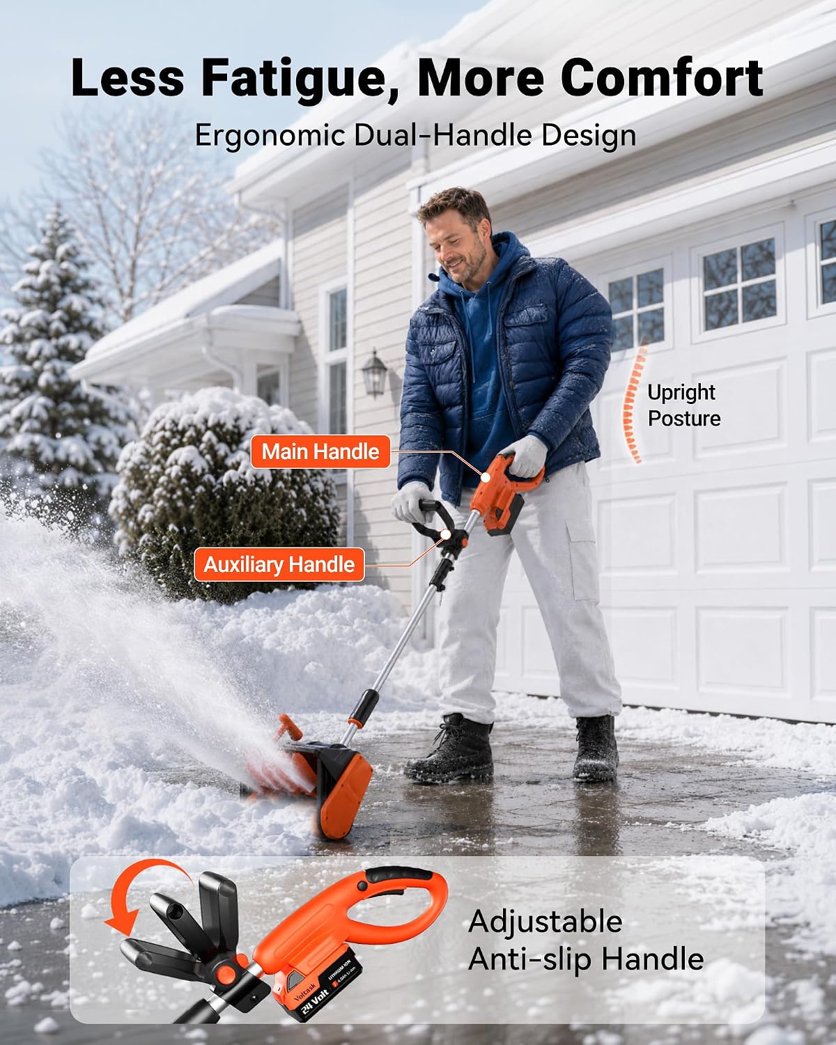 Detalle de VOLTASK CSS001-130OR 24V Cordless Snow Shovel, 13.2-Inch, 23-Foot Throw