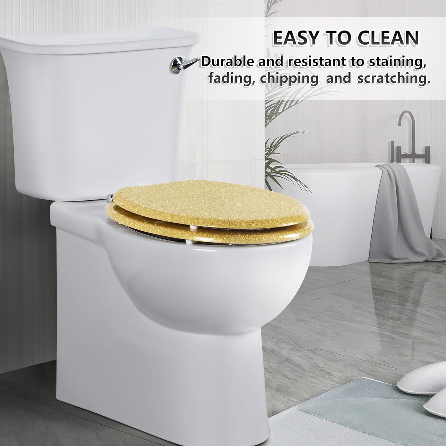 Thumbnail 5 de Angel Shield Glitter Moulded Wood Toilet Seat (Oval) with Quiet Close & Quick-Release Hinges – Gold Yellow Glitter, 45x37cm