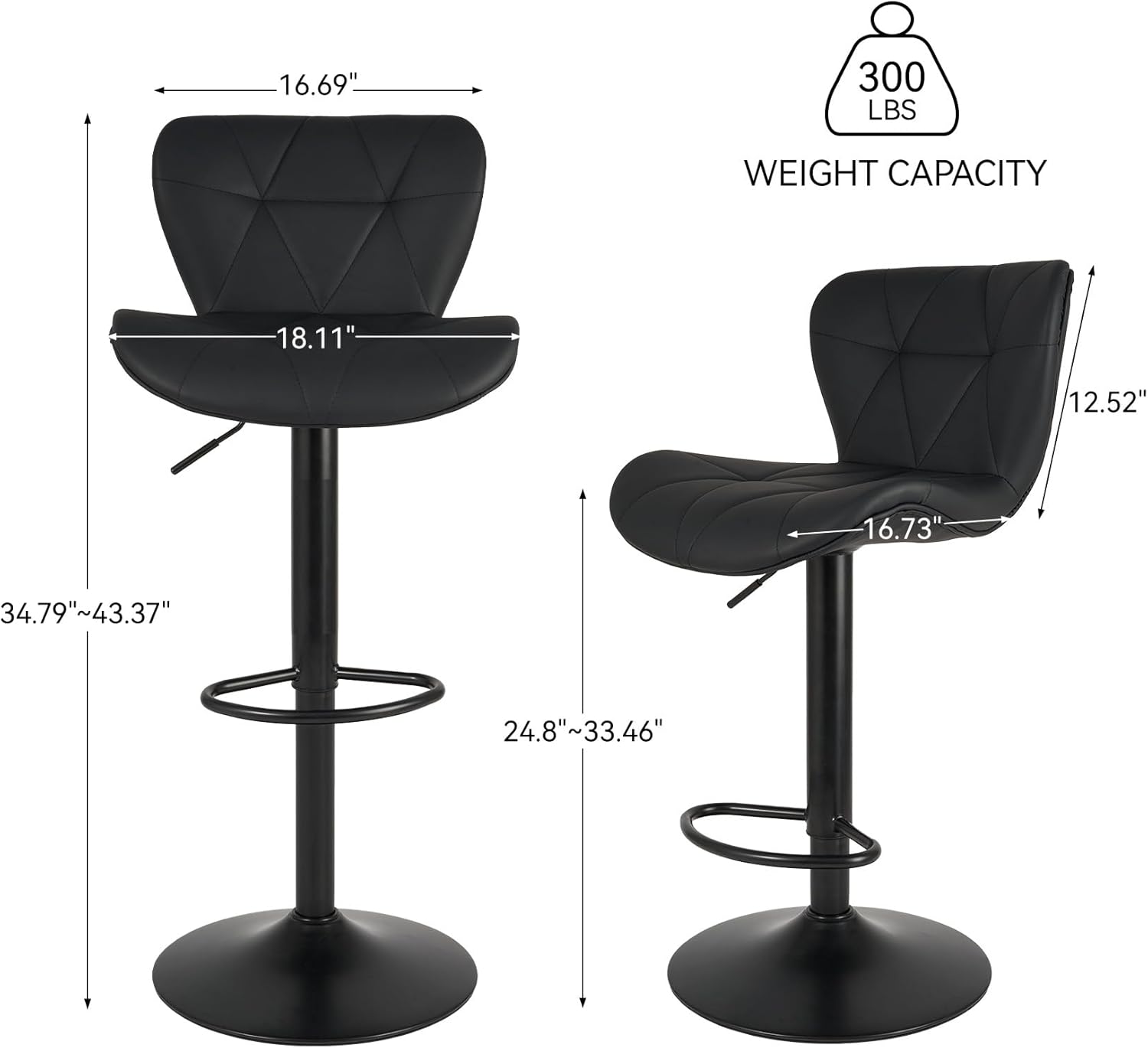 Detalle 2 de Nalupatio Modern Bar Stools Set of 2, Adjustable Faux Leather Swivel, Black