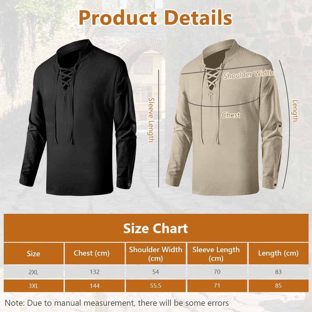 Detalle 2 de BSBUY middeleeuws overhemd 2XL, 100% katoen, lange mouwen