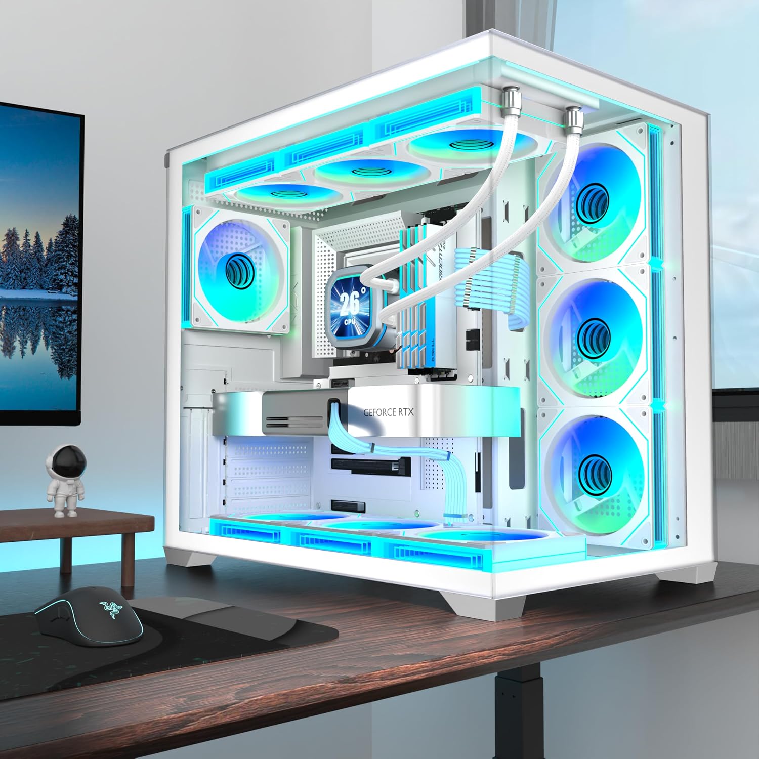 Detalle 2 de ANSAITE Case PC ATX H9 bianco: vetro temperato, 7 ventole PWM ARGB e supporto radiatore RAD 360 mm