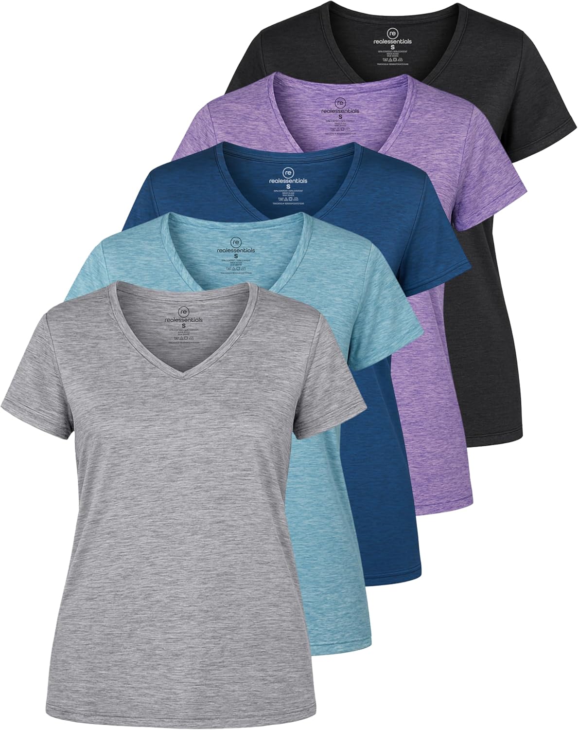 Detalle de Real Essentials Women's 5 Pack Dry-Fit Short Sleeve V-Neck Tee (Plus Size Available)