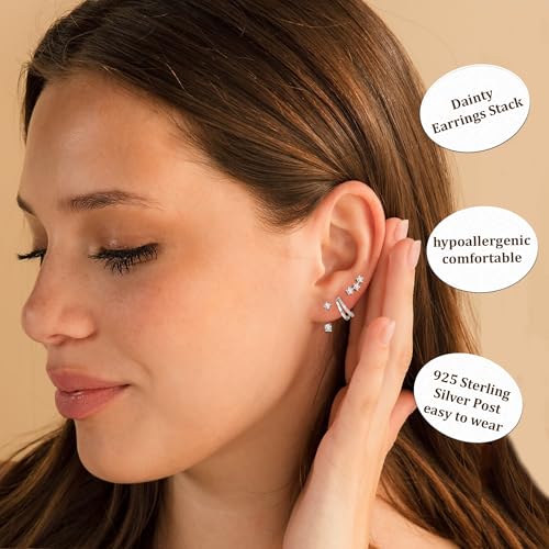 Detalle 2 de DORANA 3 Pair 925 Sterling Silver Stud Hoop Earrings Set for Women