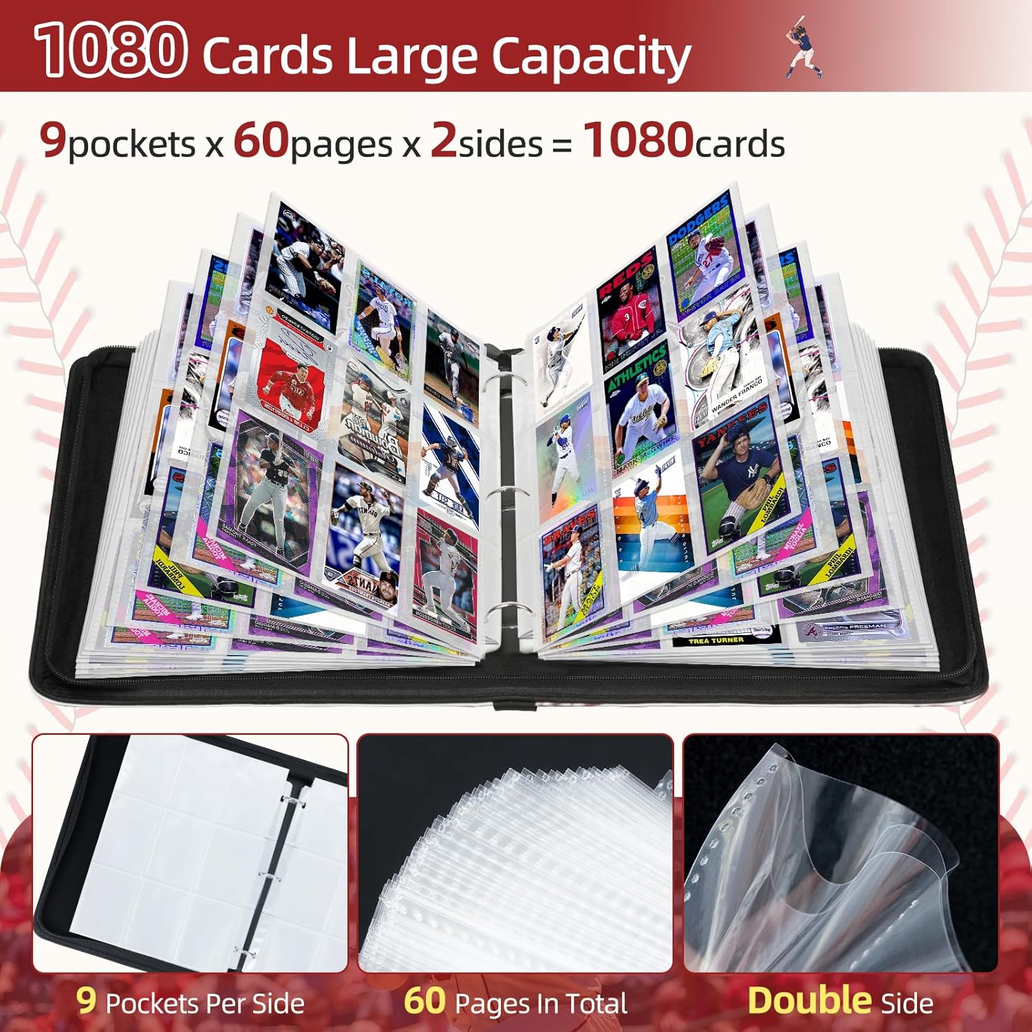 Detalle 2 de 1080 Pockets Baseball Card Binder 9 Pocket with 60 Removable Sleeves