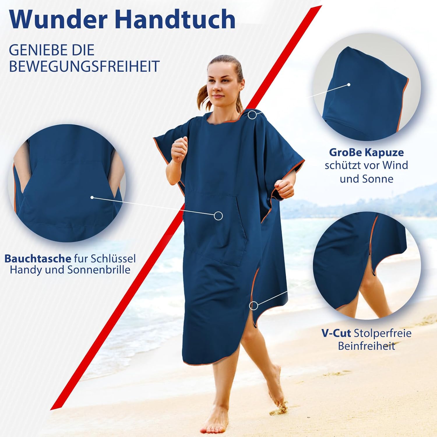 Detalle de KUOGAS Poncho da bagno in microfibra 110x74 cm – Blu scuro (M) per spiaggia e surf