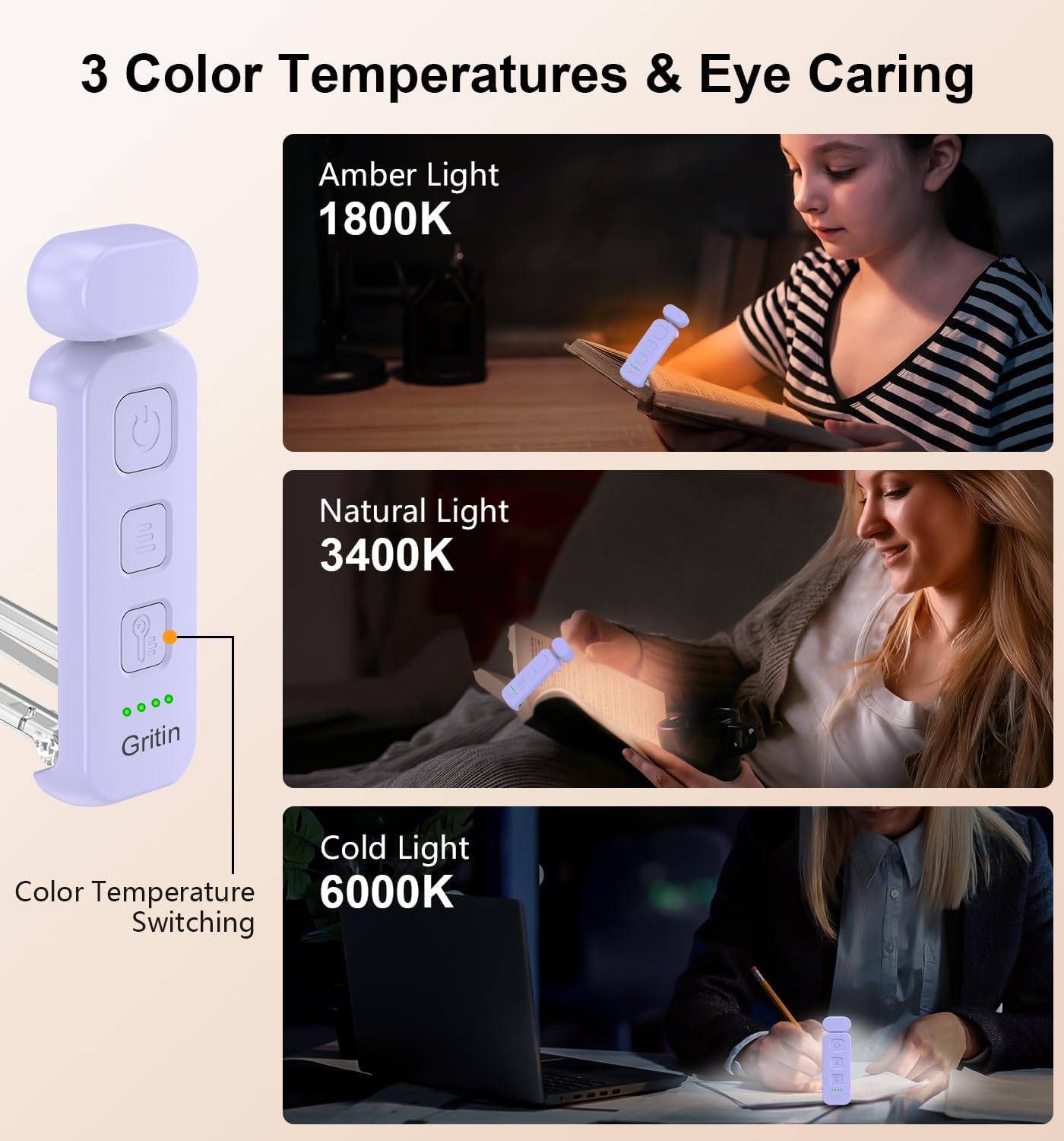 Thumbnail 3 de Gritin Leselampe Buch Klemme – wiederaufladbare Cliplampe mit 7 LEDs, 3 Farbtemperaturen und stufenloser Dimmung