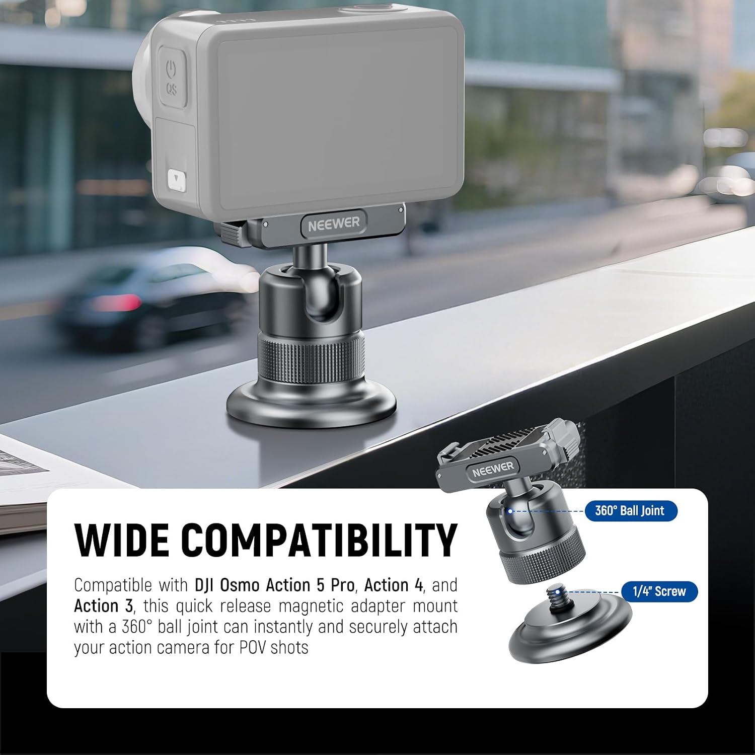 Detalle 2 de NEEWER Support magnétique pour caméra AC013 (gris foncé) avec rotule 360° et filetage 1/4" – compatible DJI Osmo 360 / Action 5 Pro-4-3