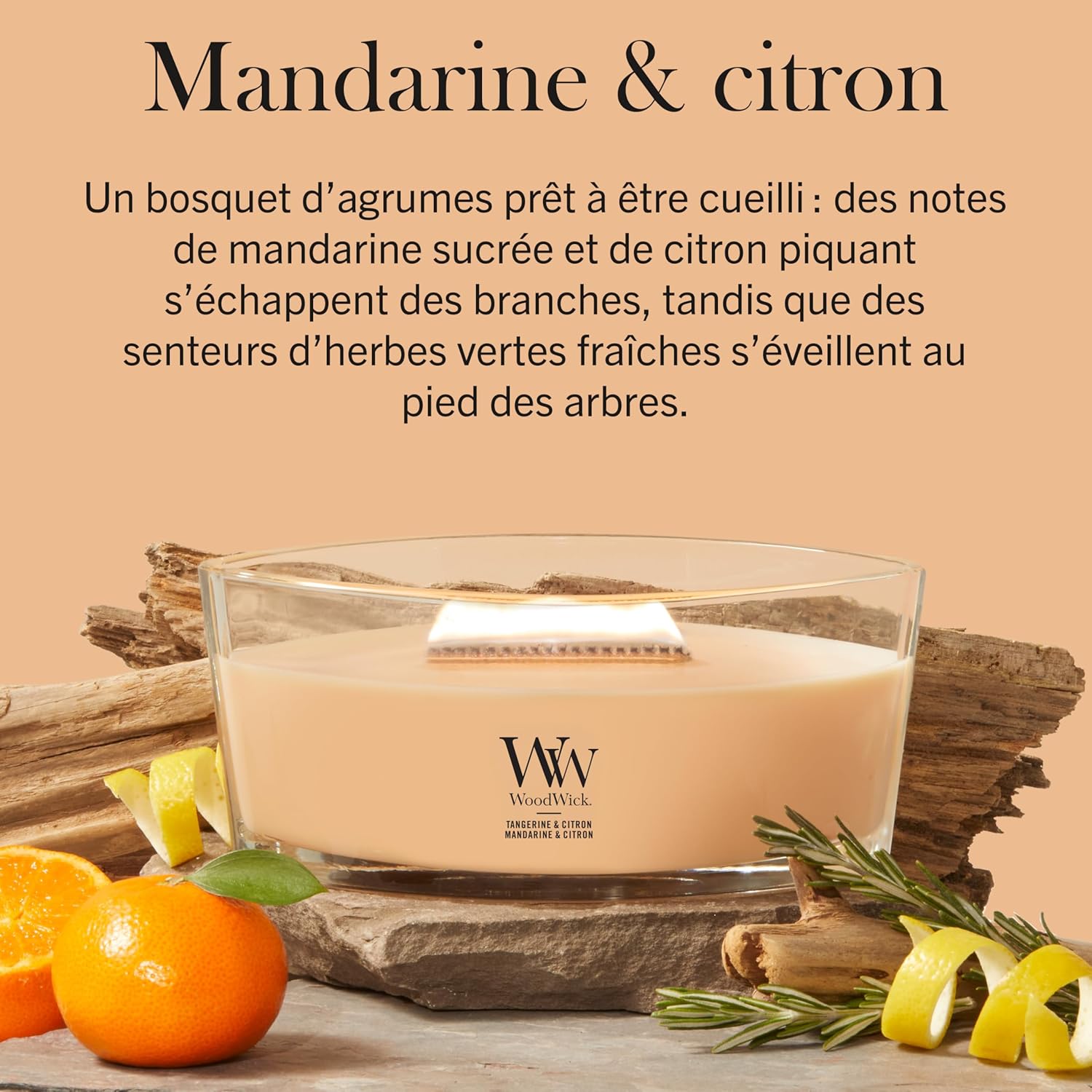 Detalle de WoodWick Bougie parfumée Bougie Ellipse Mandarine & Citron – Cadeau parfait pour femmes