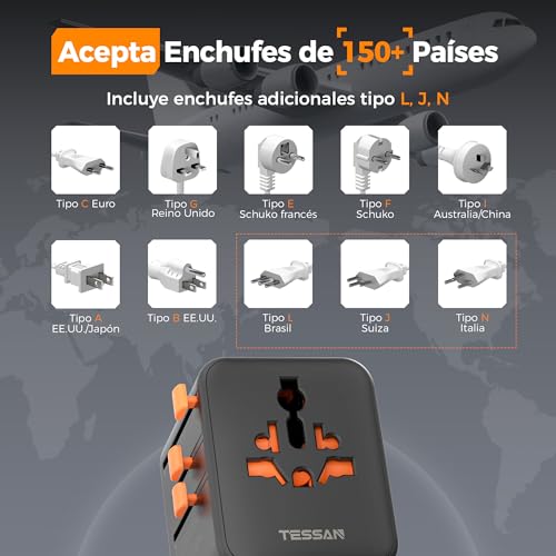 Thumbnail 6 de TESSAN adaptador de enchufe universal de viaje con 4 puertos USB (2 USB-C y 2 USB-A)