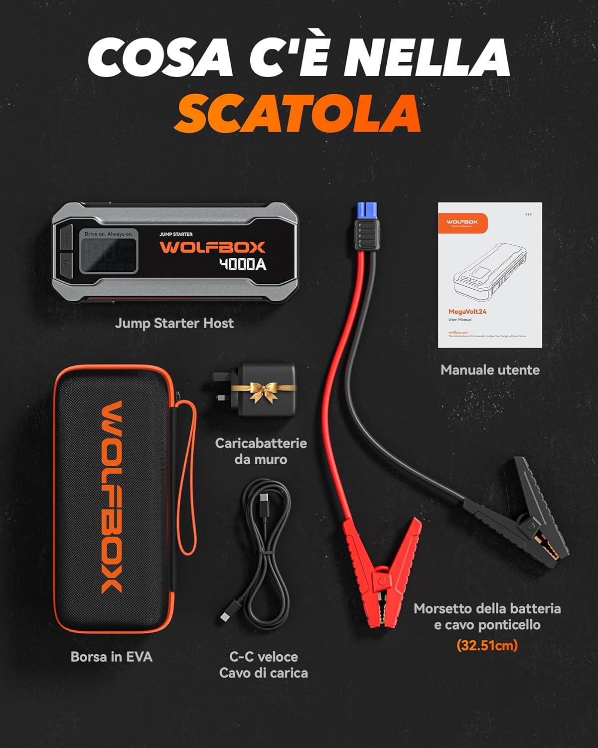 Detalle 2 de WOLFBOX Booster Avviamento Auto 4000A: Avviatore Batteria portatile 88.8Wh con USB-C 65W, LED e protezioni IP64