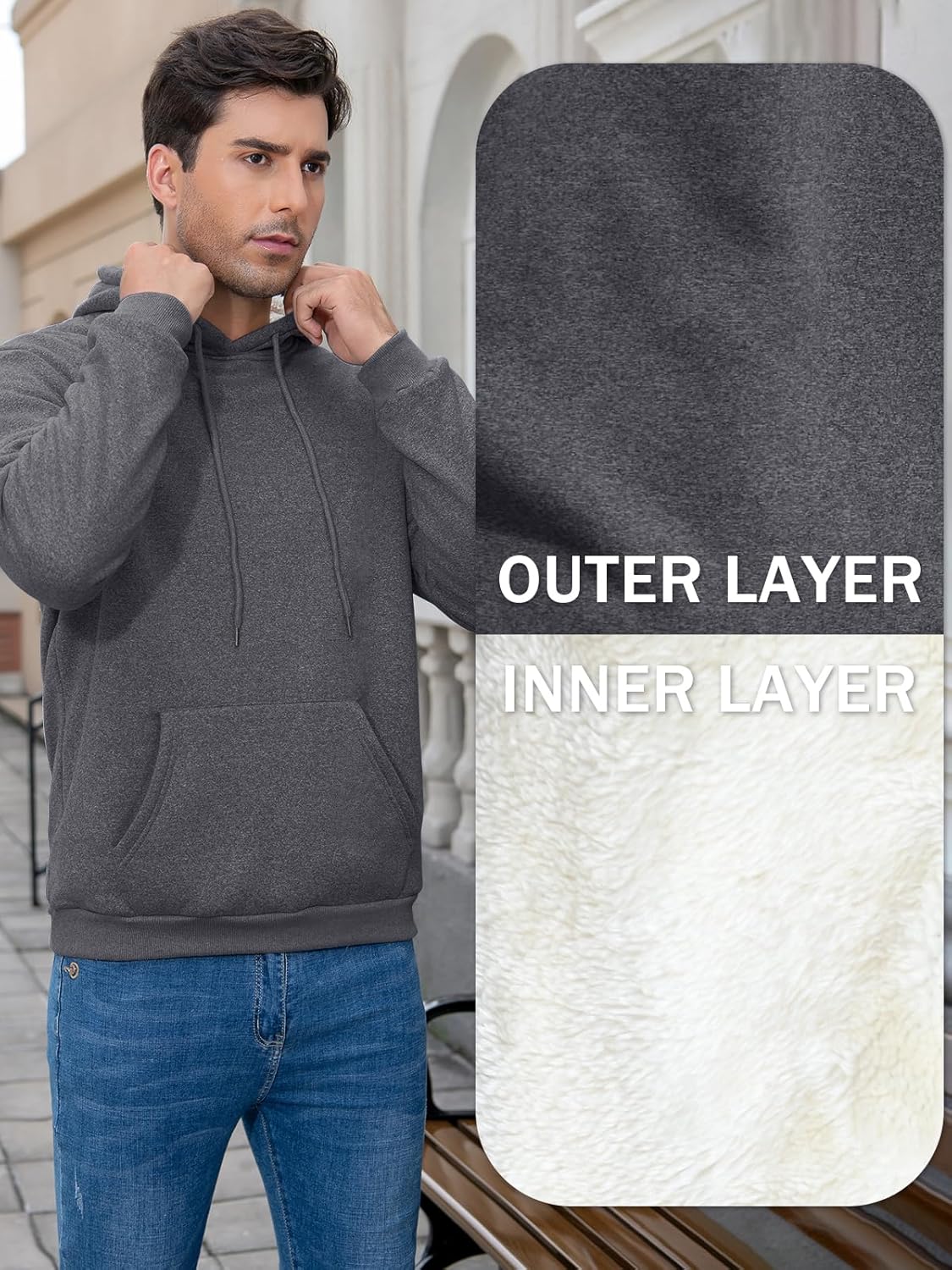 Thumbnail 4 de Vorvowry Fleecepullover Herren – gefütterter Fleece-Hoodie mit Sherpa und Kängurutasche