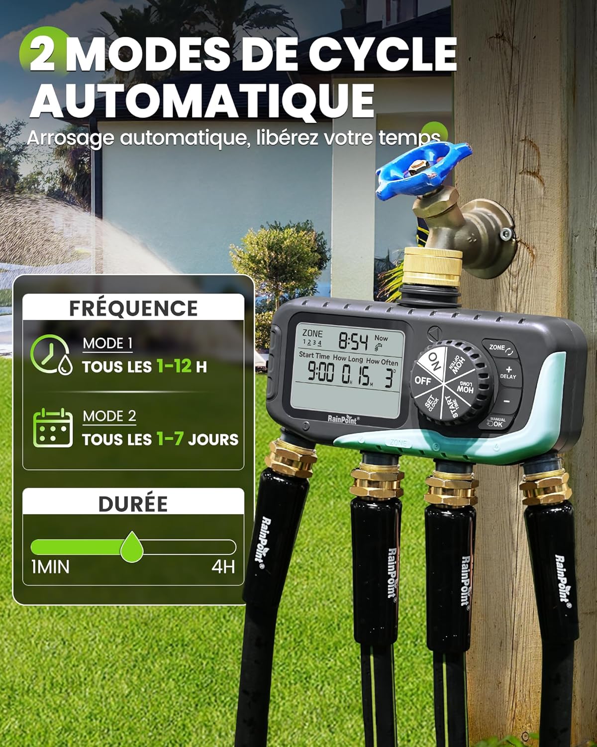 Detalle de RAINPOINT Programmateur d’arrosage 4 voies — Laiton, IP65, minuterie indépendante avec retard de pluie