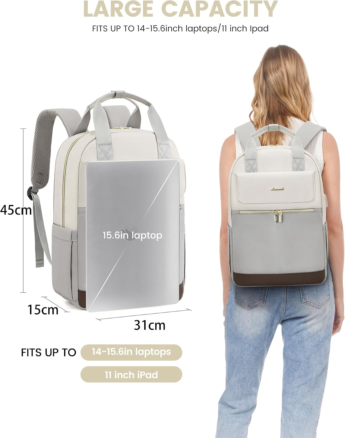 Detalle 2 de LOVEVOOK Rucksack Damen 15,6 Zoll