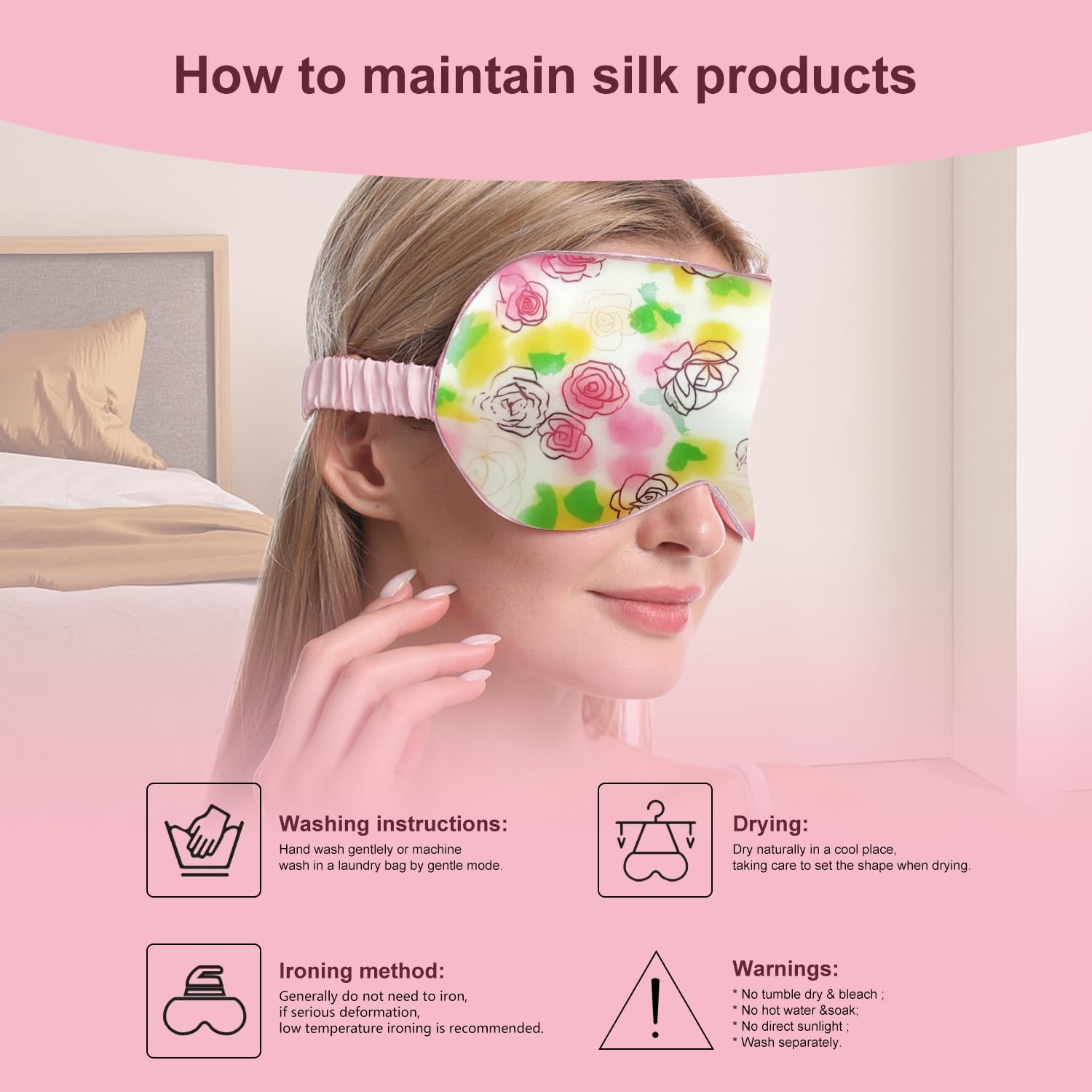 Thumbnail 5 de Sleep Mask Silk Eye Mask for Sleeping – 19 Momme Mulberry Silk, Pink Flowers, 100% Pure, Blackout with Elastic Strap