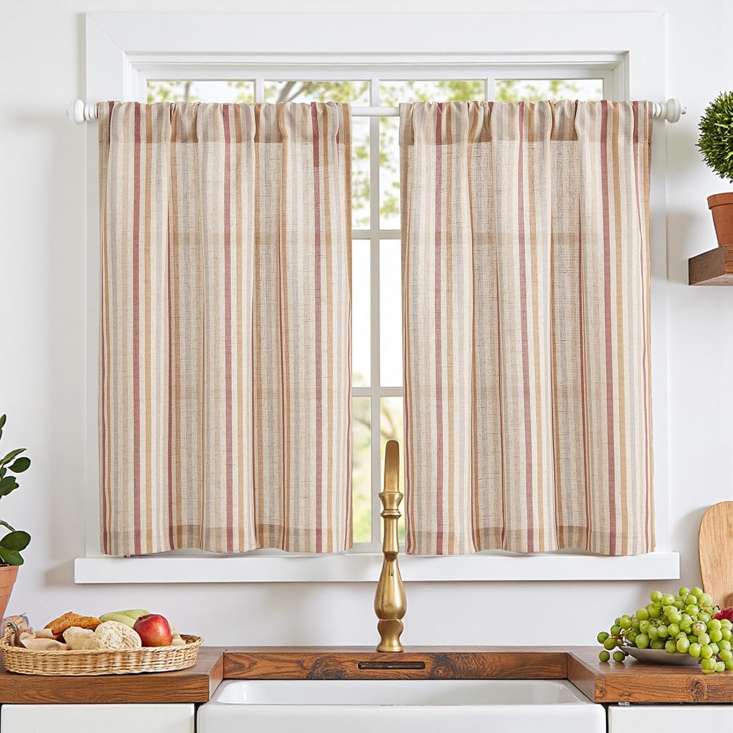 Detalle de TOPICK Rideaux de Cuisine Court Brise Bise Vert sur Beige 65 x 90 cm — Lot de 2, translucides avec passe-tringle