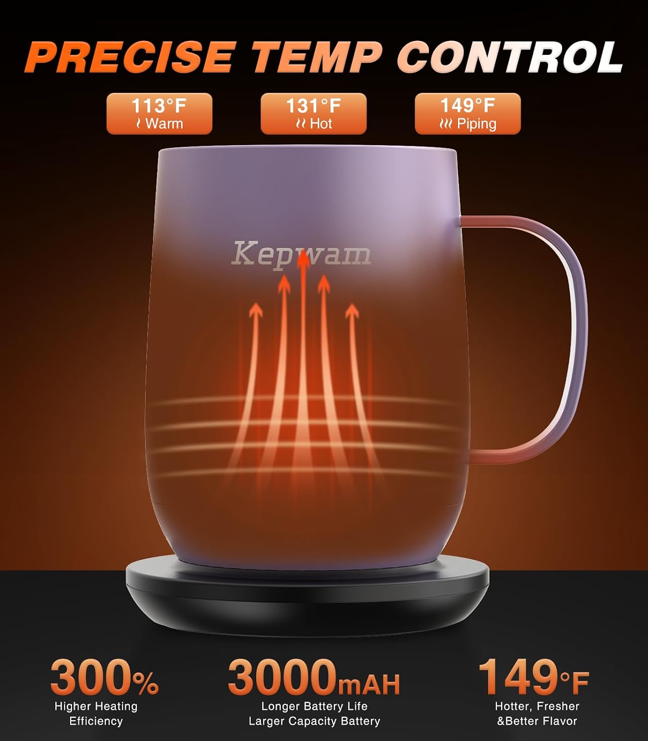 Detalle 2 de Kepwam Self Heating Coffee Mug T2 16oz, 150‑Min Battery
