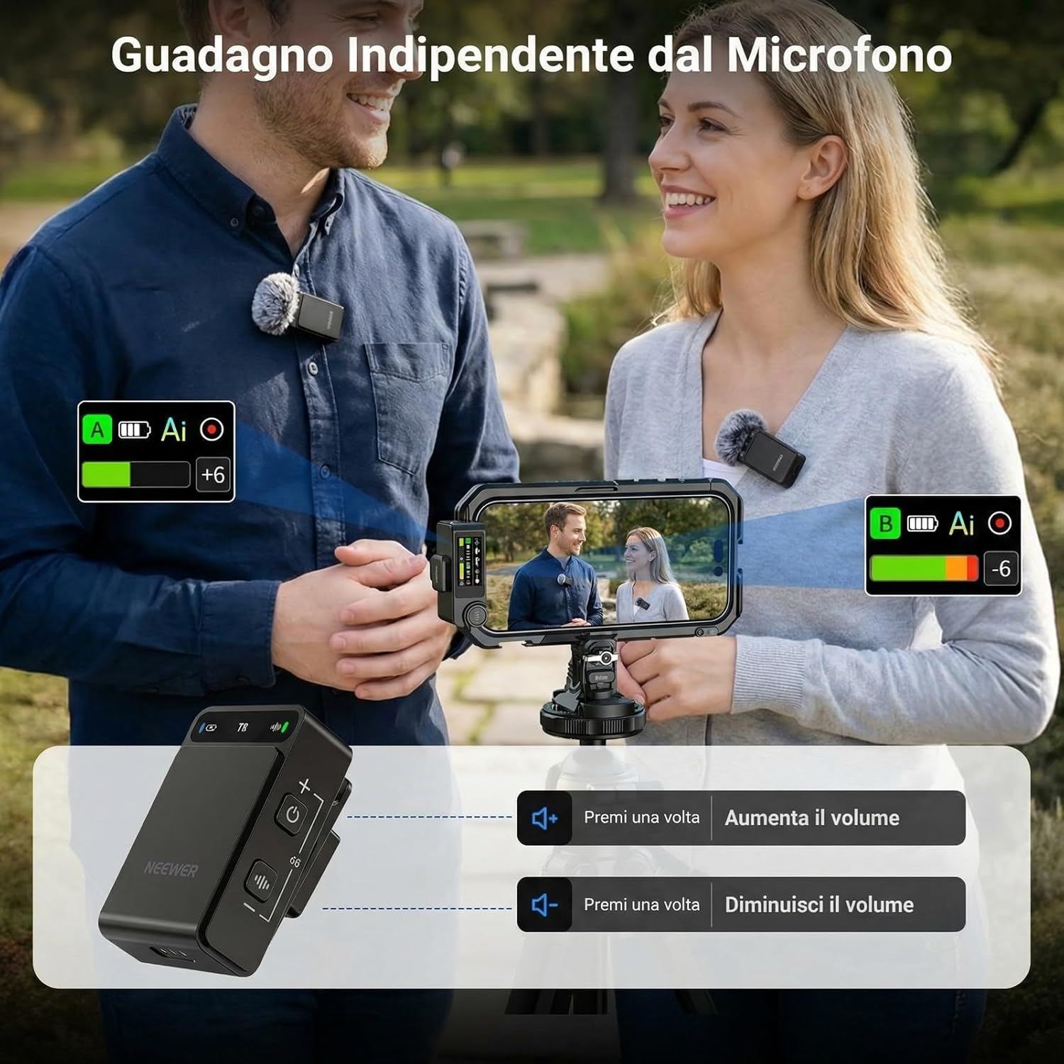 Detalle de NEEWER CM36 Pro microfono wireless con cancellazione del rumore AI, memoria 8GB e portata 100m