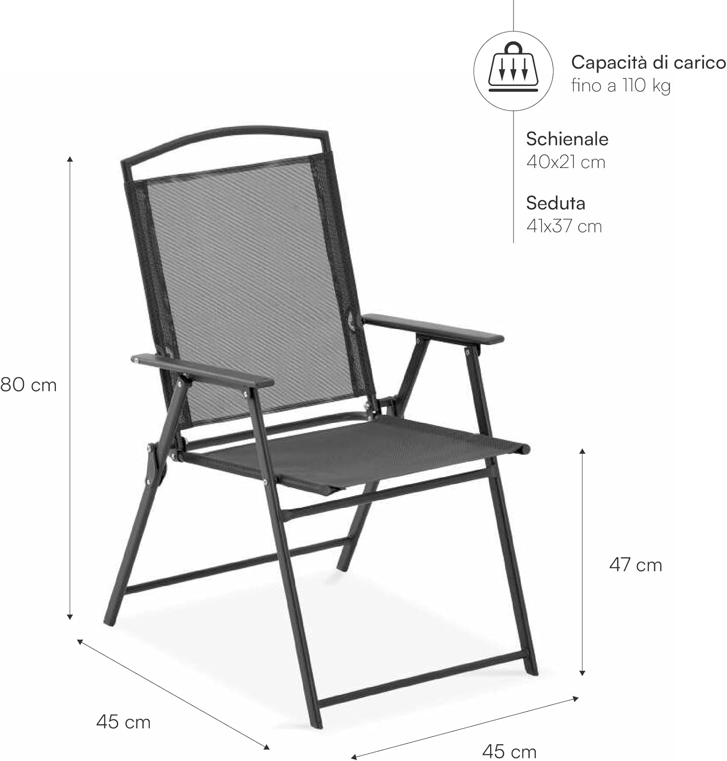 Thumbnail 2 de Baroni Home Set 4 Sedie da Giardino Pieghevoli con Braccioli – Nero