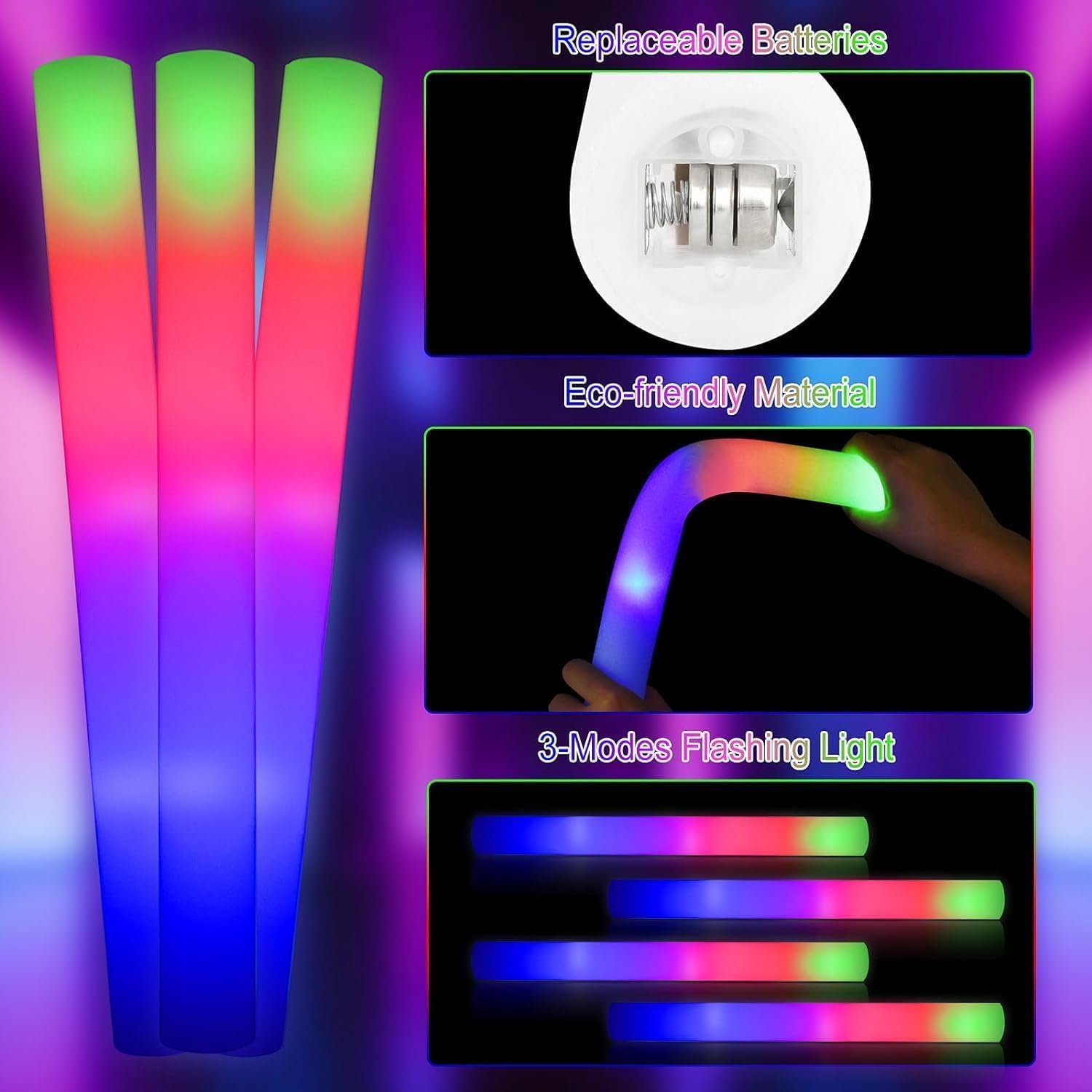 Detalle de DkevEu 69Pcs LED Foam Glow Sticks Bulk — Long-Lasting Neon Lights for Parties