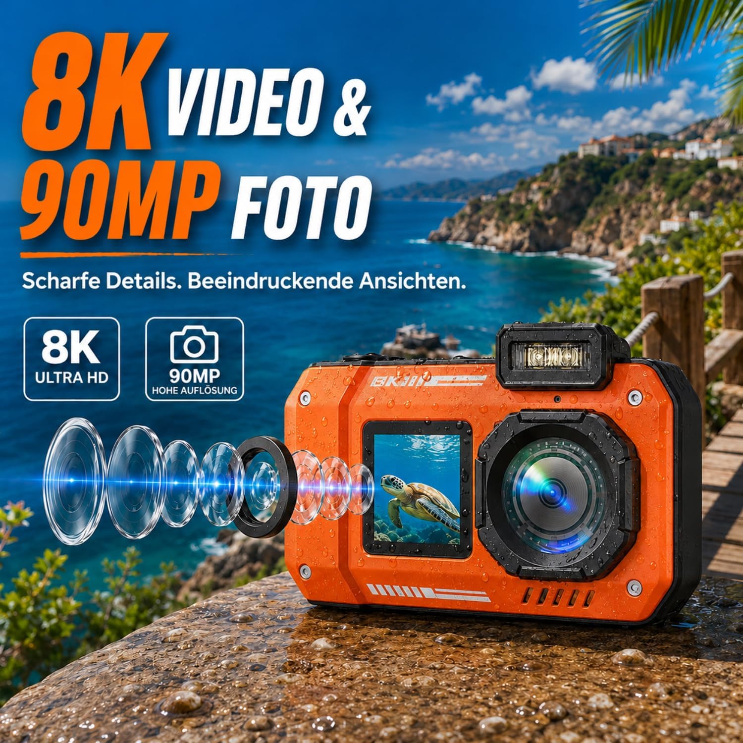 Detalle de Maxmango D50 8K Unterwasserkamera – 33FT Tiefenfest, 70MP, Doppelbildschirm, 2500mAh, 18x Zoom, 16GB inkl. orange