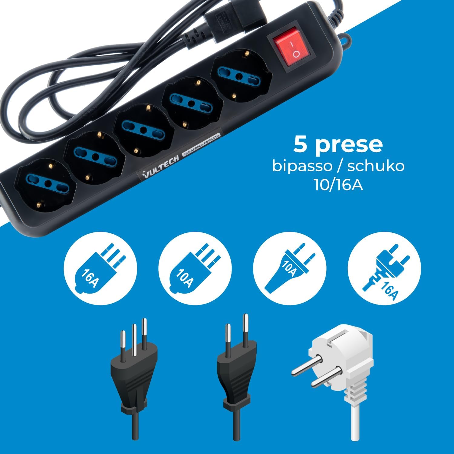 Thumbnail 2 de Vultech MU-UPS01 Multiprise avec 5 prises et interrupteur on/off, connecteur IEC14