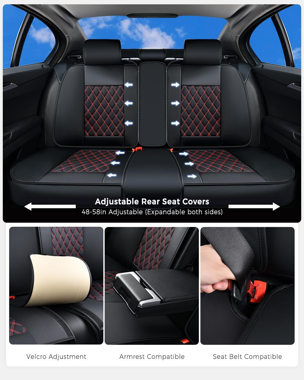 Detalle de Huidasource Nappa Leather Seat Covers (Full Set, Black & Red) — Velcro-Adjustable, Airbag-Compatible