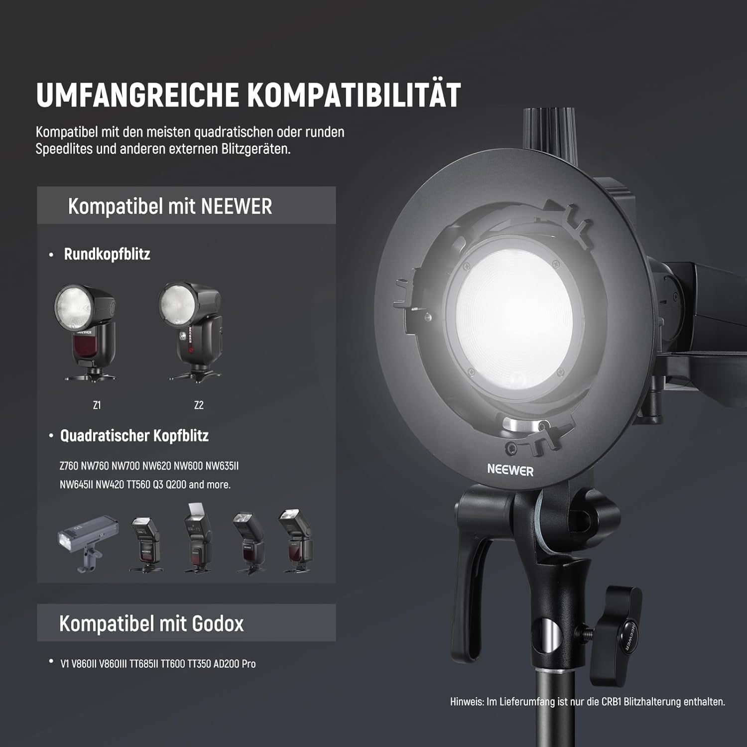 Detalle 2 de NEEWER CRB1 S Speedlite-Halterung mit Bowens-Mount und Schirmloch (Typ S) für Studio- und Portrait-Blitz