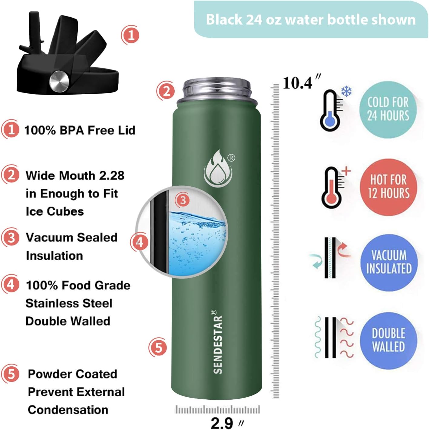 Detalle de Insulated Water Bottle 24 oz with Straw: Stainless Steel, Dual Lids, Keeps Drinks Cold or Hot