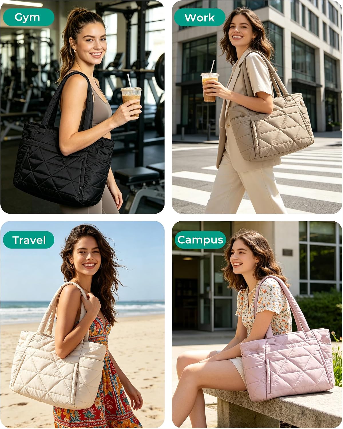 Detalle de BAGSMART Puffer Tote Bag for Women with Zipper, Quilted Shoulder Bag for Travel, Work, Gym