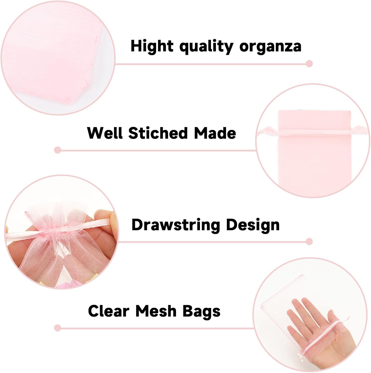 Detalle de G2PLUS Baby Pink Organza Gift Pouches 10x15 cm