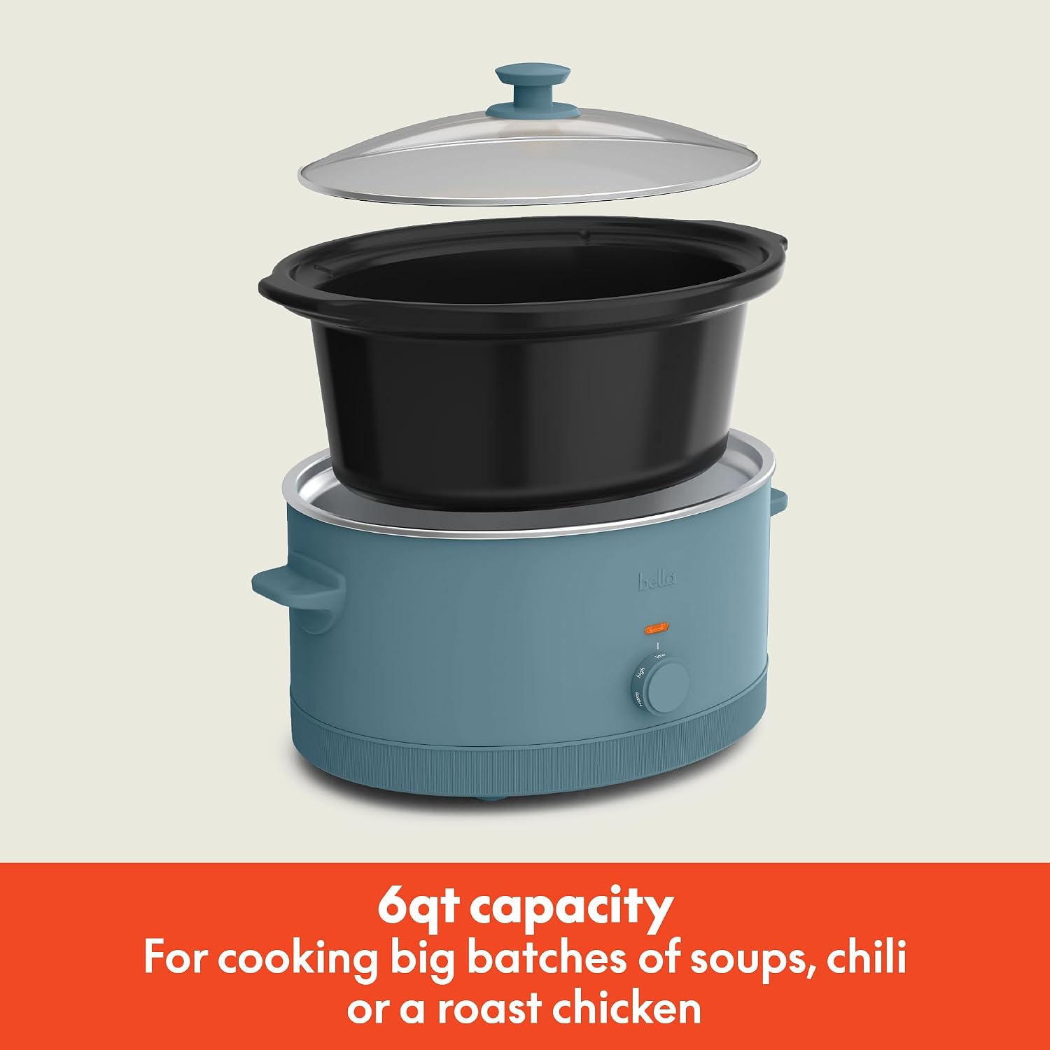 Detalle de bella 6.0 Qt Manual Slow Cooker with Ceramic Nonstick Coating, 3 Heat Settings, Dishwasher-Safe Stoneware