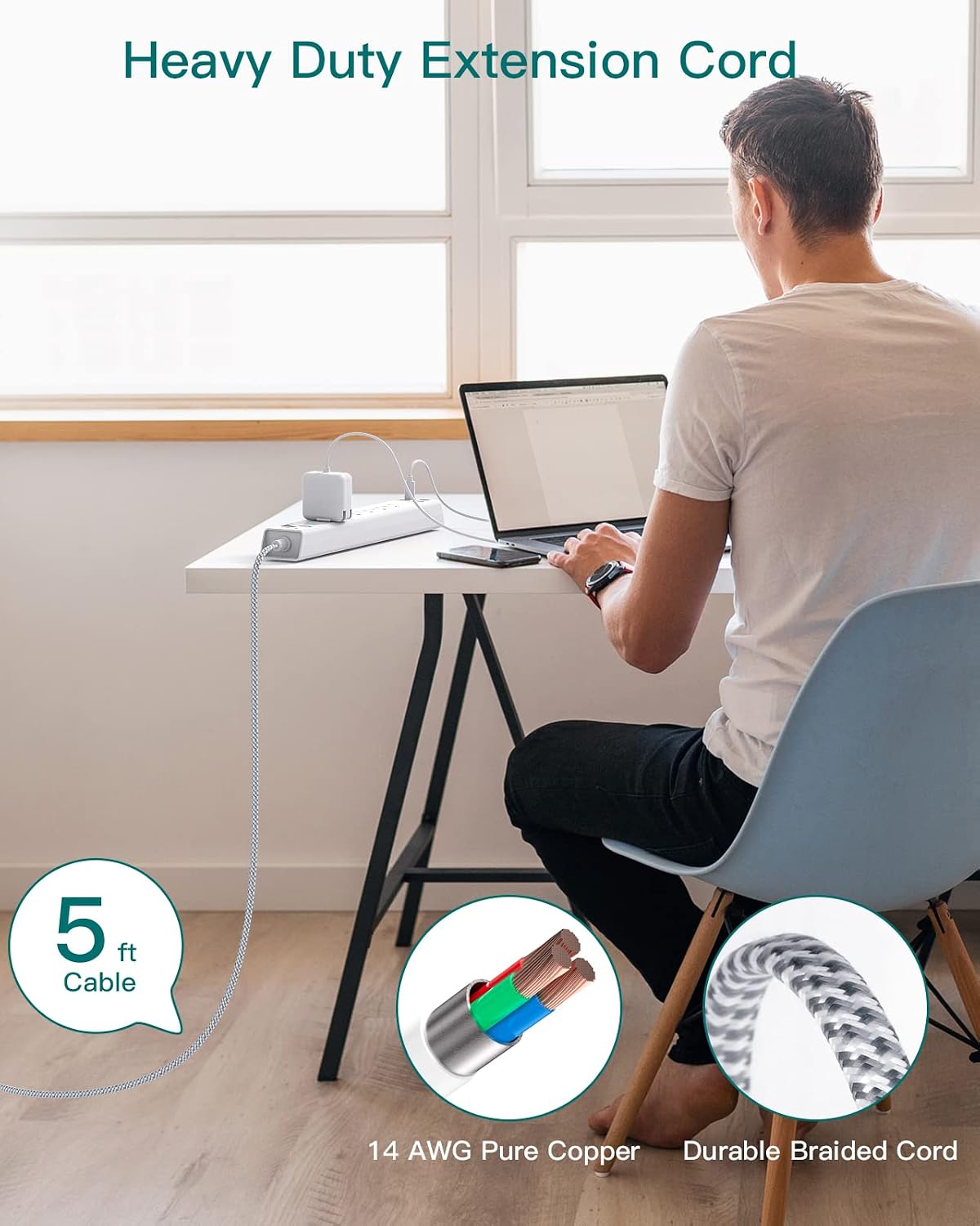 Thumbnail 6 de Addtam AD313 Power Strip with 6 AC Outlets, 4 USB Ports and Flat Plug