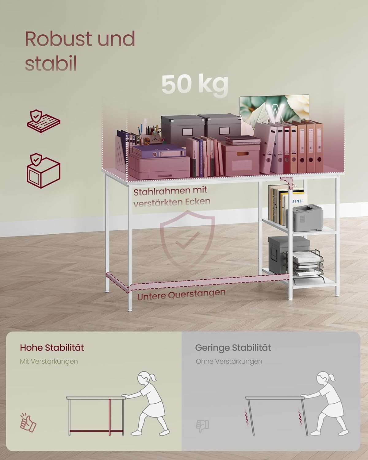 Detalle de VASAGLE Tisch LWD047W44 – Computertisch 120 × 60 cm in Ahornweiß für Büro, Arbeitszimmer und Wohnzimmer