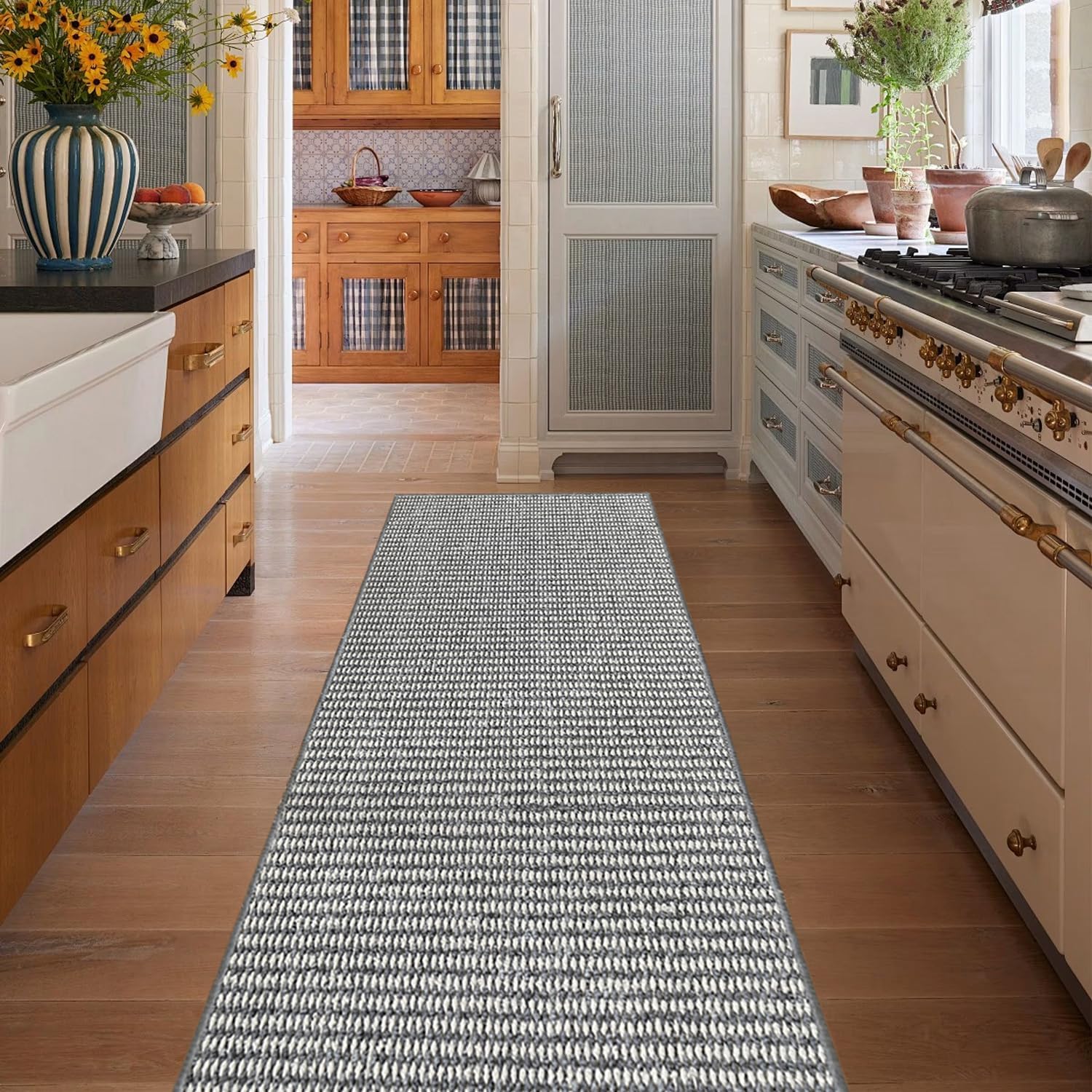 Detalle 2 de WTHYGB Teppich Läufer 80x150 cm Grauweiß – rutschfest, waschbar, geeignet für Flur und Küche