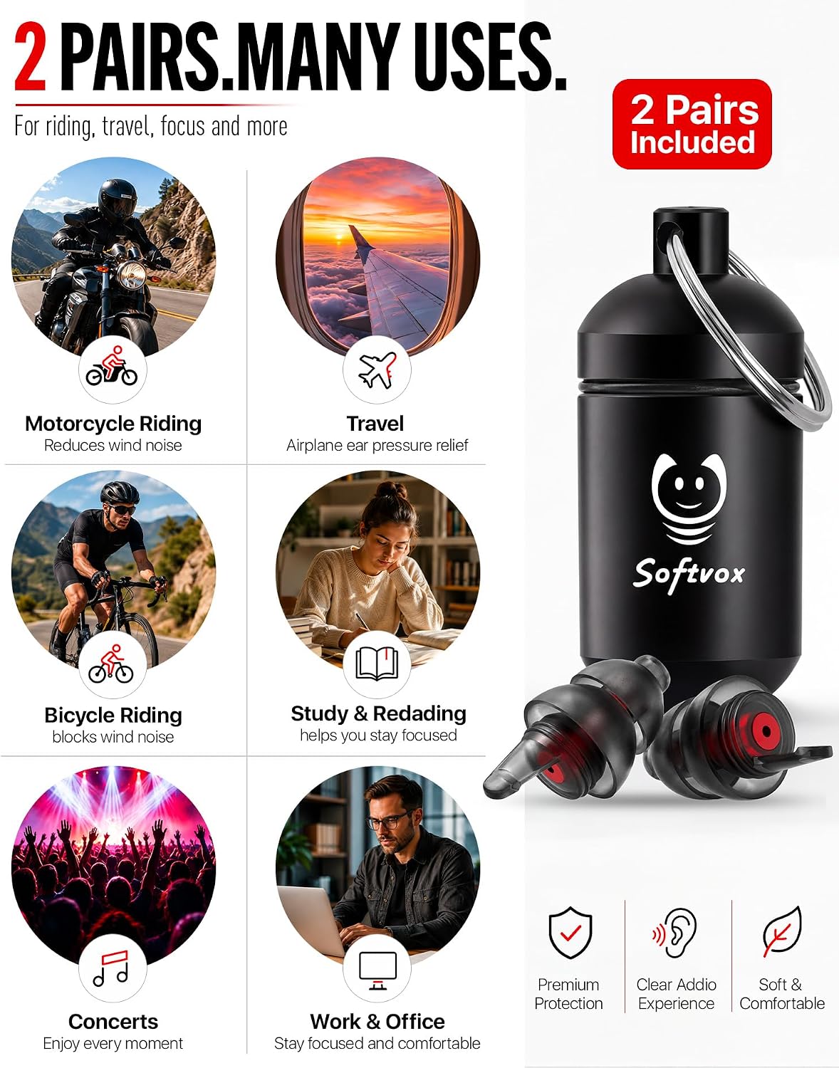 Thumbnail 6 de Motorcycle Ear Plugs for Wind Noise Reduction — 2 Pairs Reusable with 25dB Protection