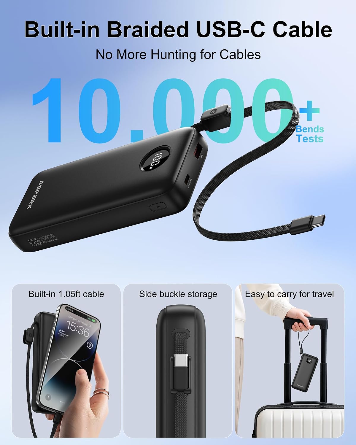 Thumbnail 2 de AsperX AX369 45W Portable Charger, 20,000mAh with Built-In USB-C Cable