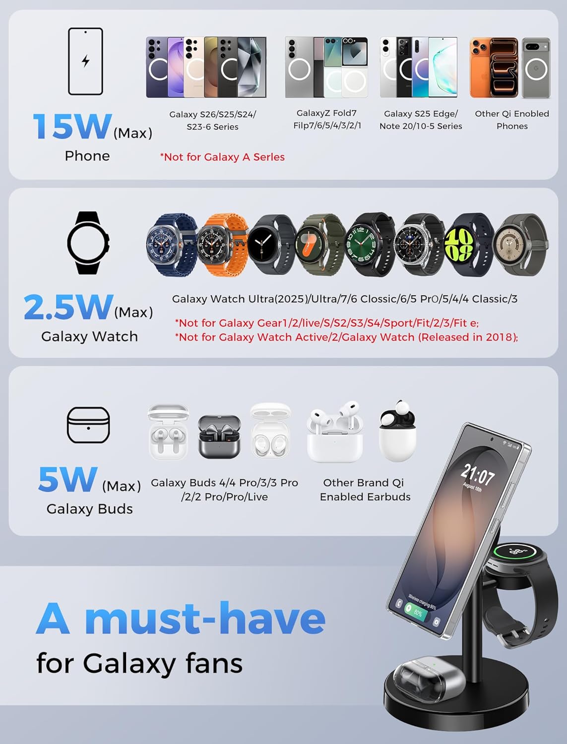 Thumbnail 3 de Aeinidi 3-in-1 Magnetic Wireless Charger for Samsung (MagSafe-compatible) with Phone Stand, Watch & Buds Charging