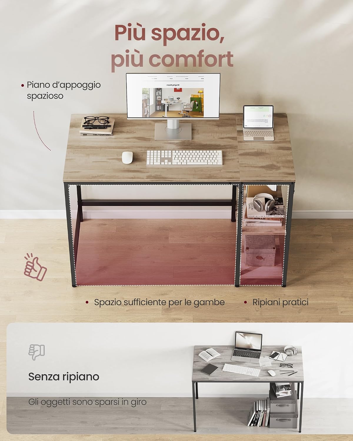 Detalle de VASAGLE Scrivania per Computer LWD047K01 – Scrivania moderna 120 x 60 cm in Marrone Cammello e Nero