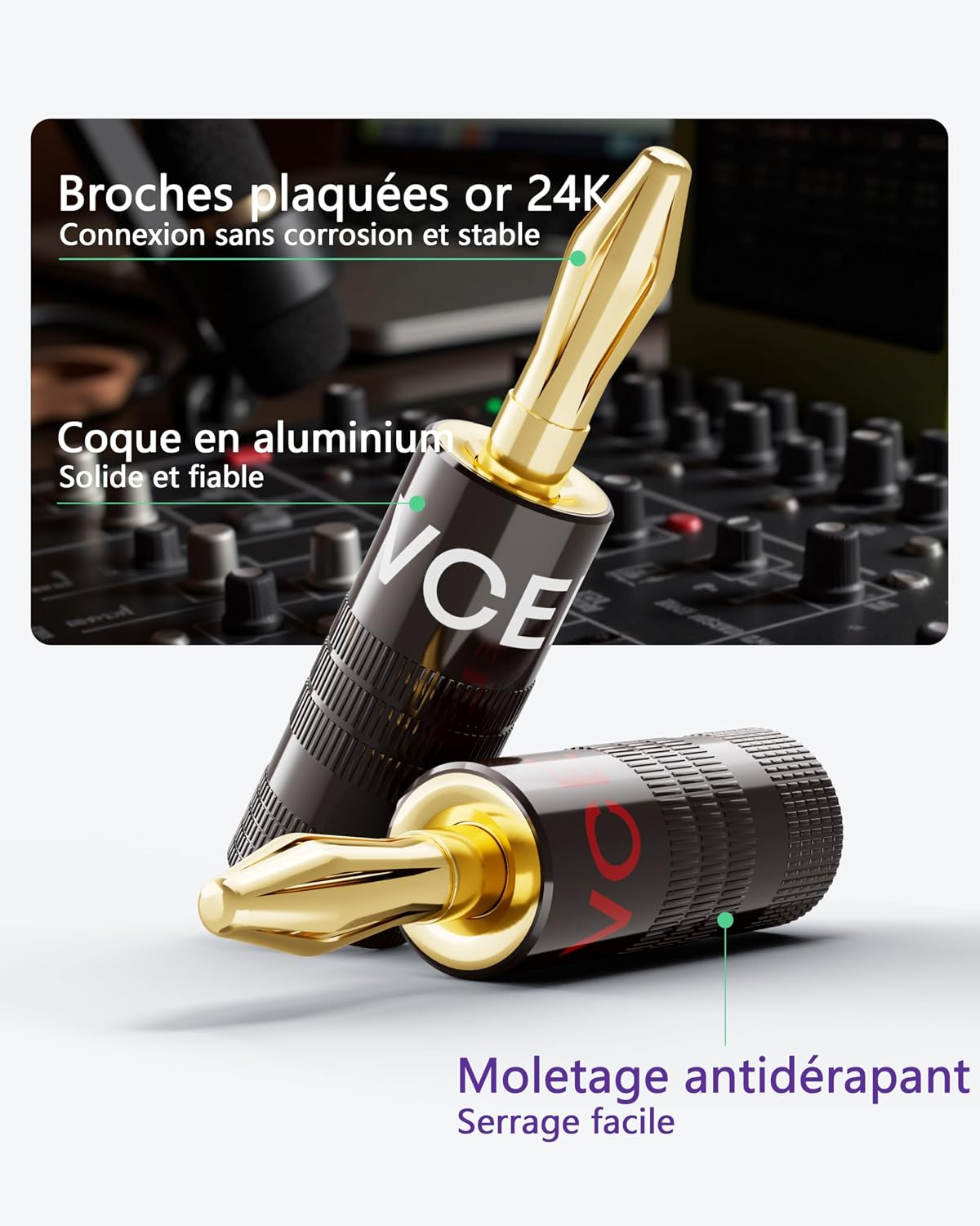 Detalle de VCELINK Fiches Banane Premium Plaquées Or 24K à double vis (8 pièces) – sortie HiFi fiable