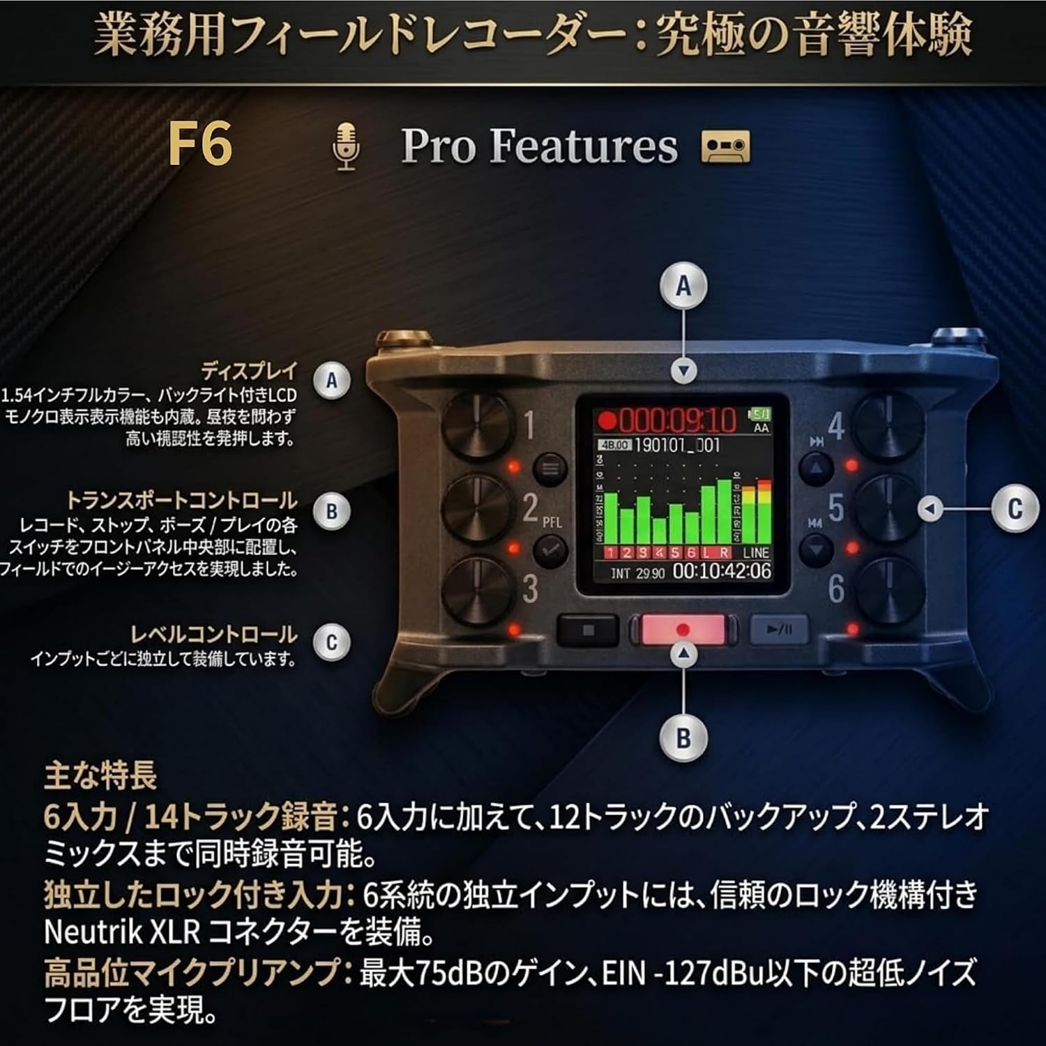 Detalle de ZOOM F6 フィールドレコーダー、32bitフロート・6入力対応、ZPC-1マイク2本セット